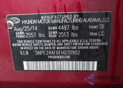 2015 Hyundai Sonata Se from USA, damaged, VIN 5NPE24AF6FH070902